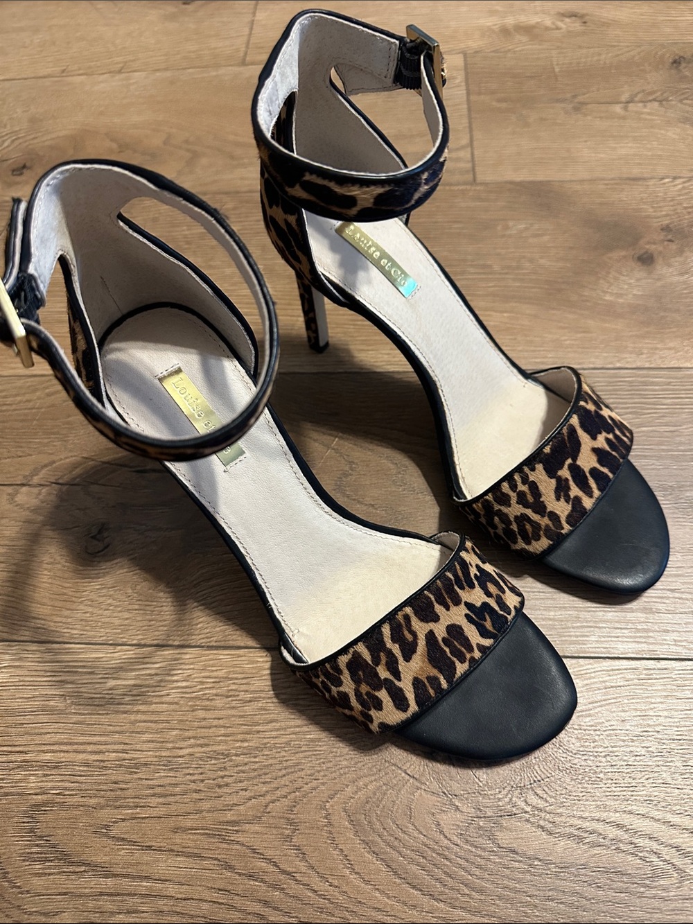 Louise et Cie Leopard Print Ankle-Strap Heels with Black Toe
